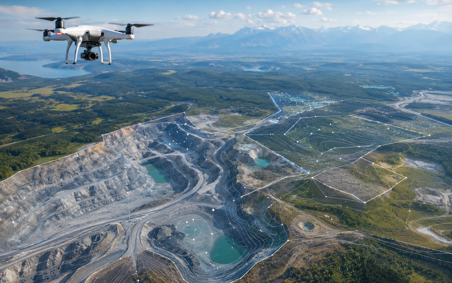 Vue aérienne d’une carrière avec courbes de niveau et maillage cartographique