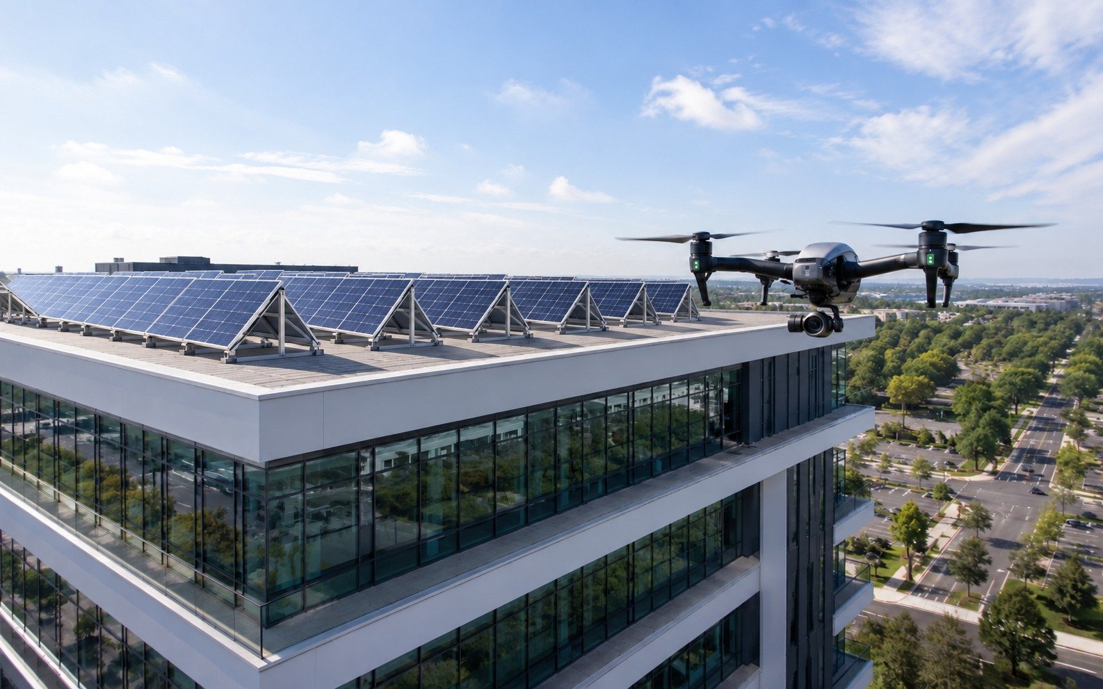 Inspection par drone de la toiture solaire d’un bâtiment de bureaux moderne