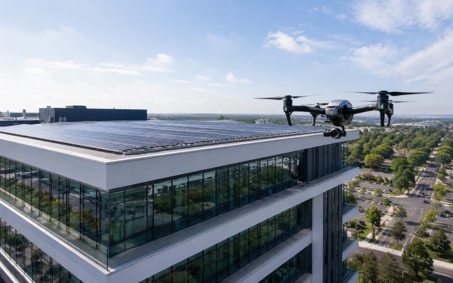 Inspection par drone de la toiture solaire d’un bâtiment de bureaux moderne