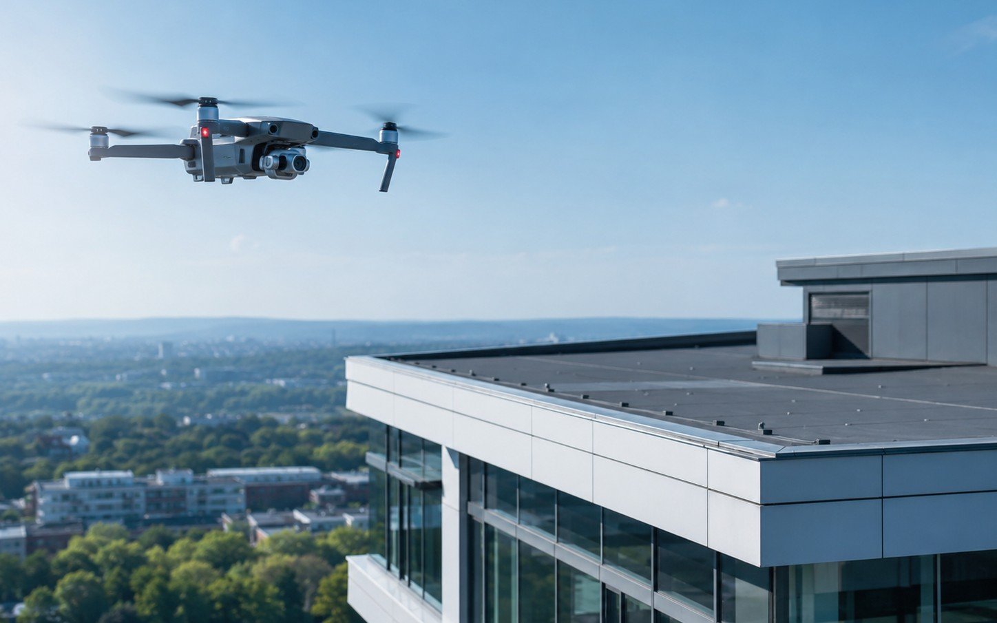 Drone photographiant une façade vitrée d’un immeuble moderne
