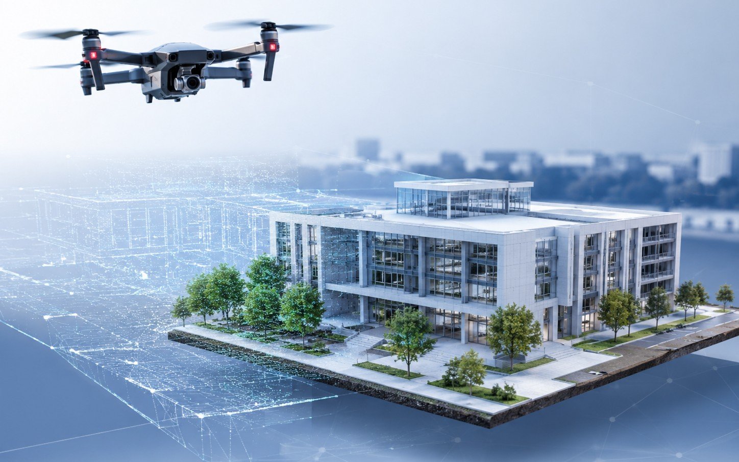 Drone scannant une architecture moderne pour produire un modèle numérique