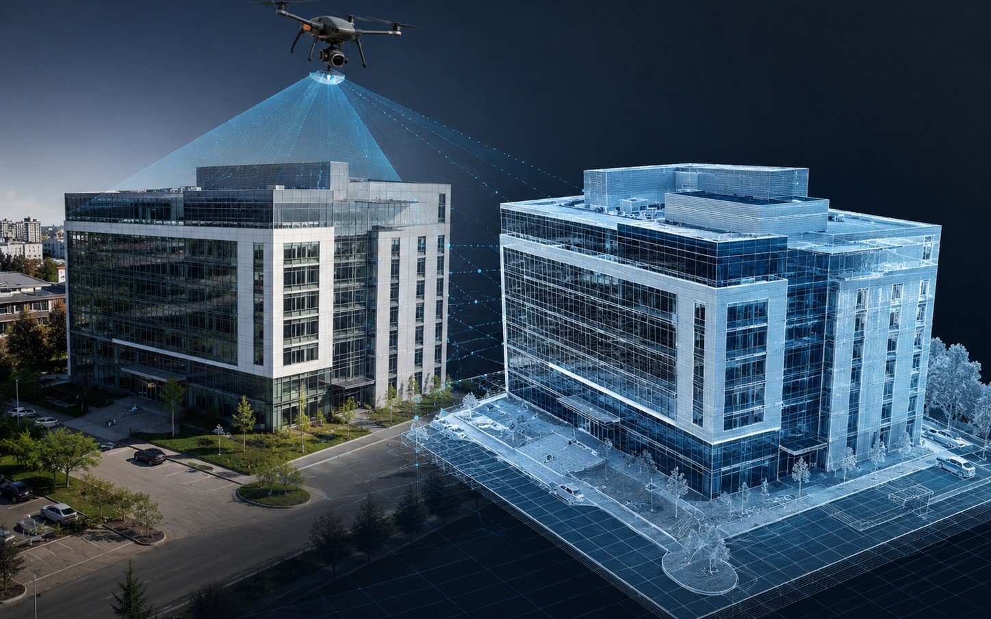 Bâtiment représenté sous forme de jumeau numérique 3D à partir d’un relevé drone